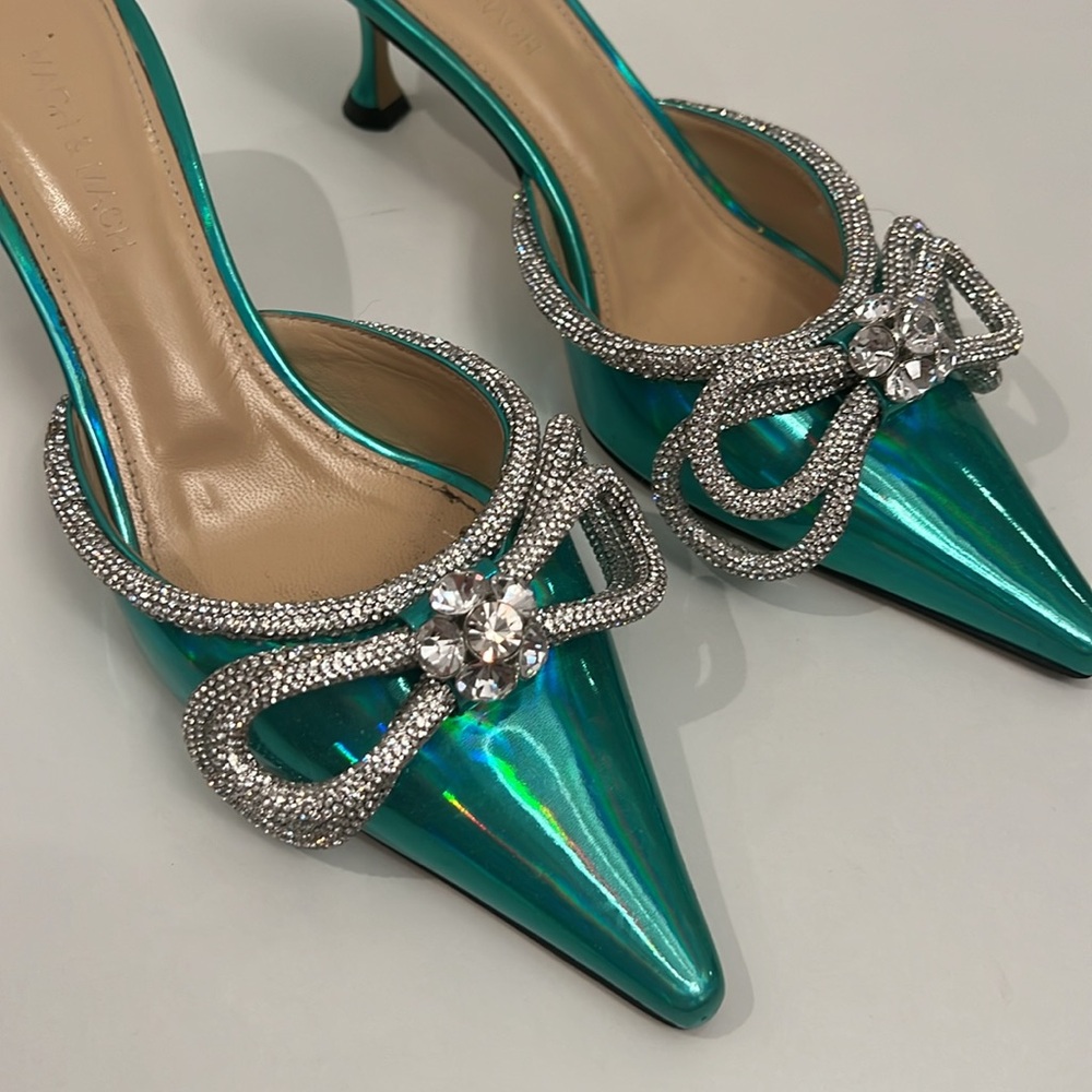 Mach & Mach Turquoise Iridescent metallic with Silver Rhinestone Bow 2.5” heels